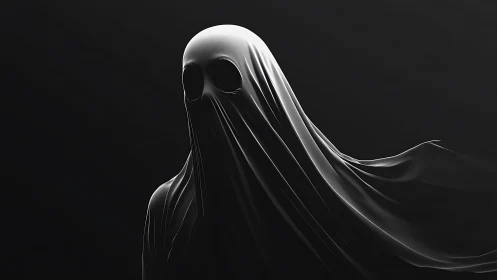 Shrouded ghostly figure emerges from darkness in silky shadows