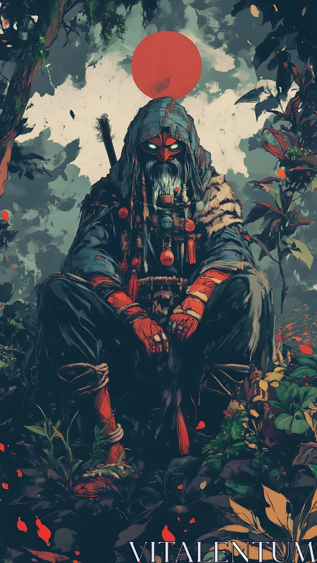 Hooded forest figure sits beneath circular red sun symbol