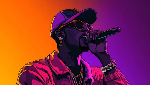 Bold rapper lights up the stage in neon sunset colors