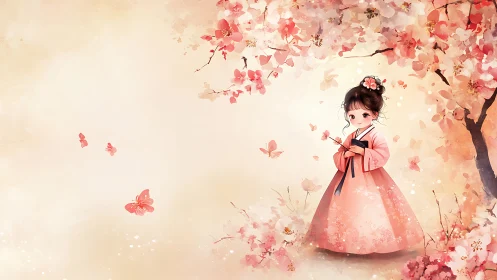 Stylized girl in hanbok stands amid pastel cherry blossoms