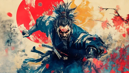 Dynamic samurai warrior lunging before a bold red sun.