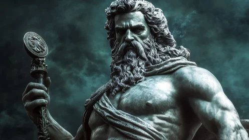 Mythological bearded figure holding staff against dark sky.