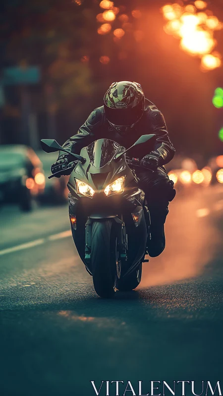Motorcyclist on urban street at sunset with headlight glare.