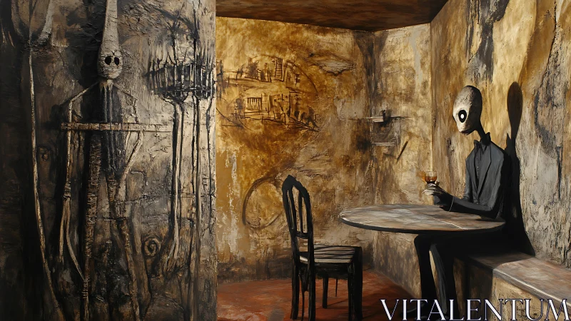 Surreal figure drinks alone in textured ochre chamber.