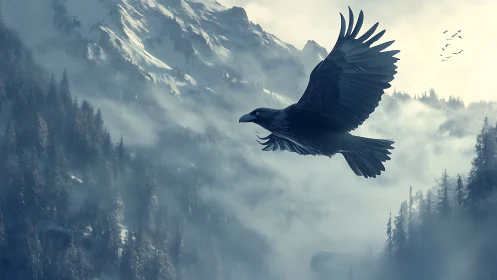 Majestic raven gliding through misty mountain silence.