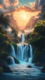 Sunlit mountain waterfalls cascade through misty valleys.