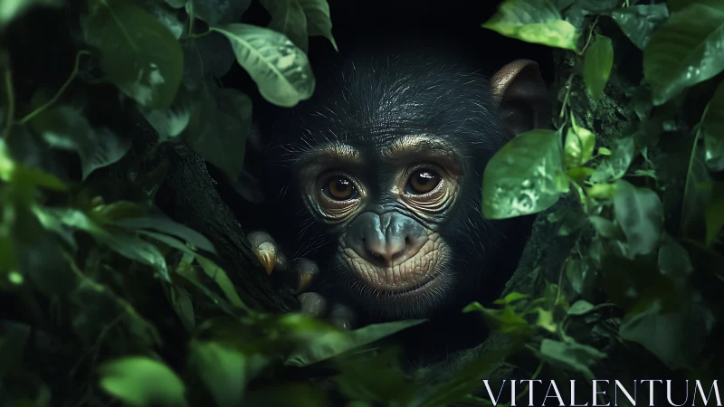 Baby chimpanzee face framed by dense jungle foliage.