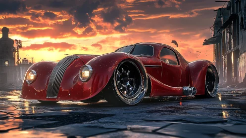 Crimson retro rocket kisses wet cobblestones at sunset