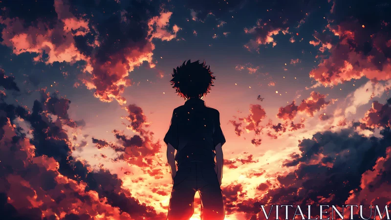 Silhouetted figure under dense clouds at sunset sky horizon.