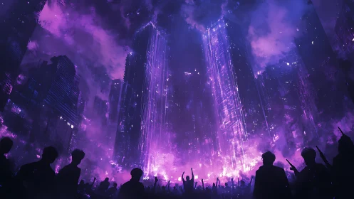 Neon crowd silhouettes under luminous cyberpunk towers.