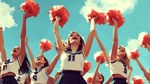 Cheer squad lifts orange pom poms under vivid blue sky.