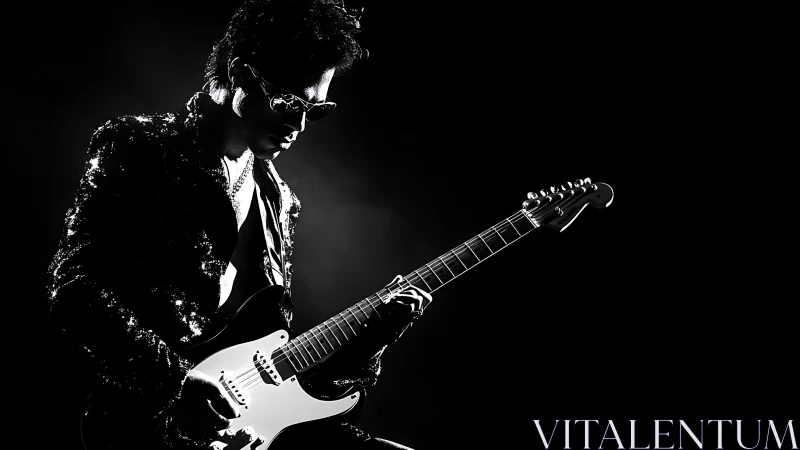 Monochrome electric guitarist isolated in dramatic stage lighting