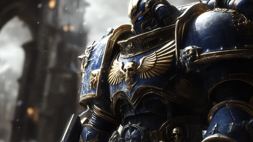 Armored sci fi warrior in baroque power armor.