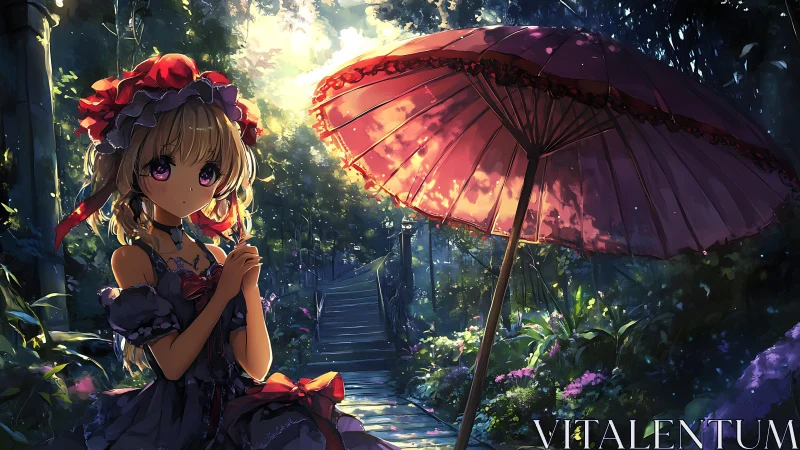 Girl with parasol on forest path under filtered sunlight.