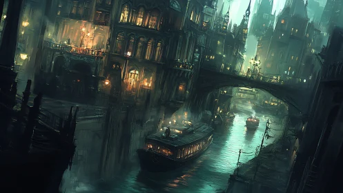 Nocturnal neo-Venetian canal under layered industrial viaducts.