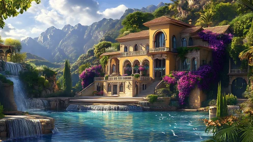 Lakeside villa basks in sunlight beside cascading waterfalls