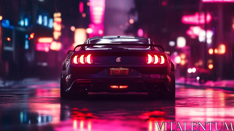 Neon soaked sports car glows against a rain slicked city street