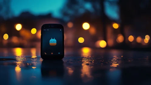 Android phone at night with bokeh lights