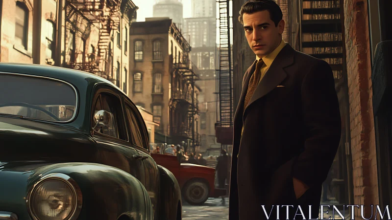 Man in overcoat beside vintage car on urban side street.