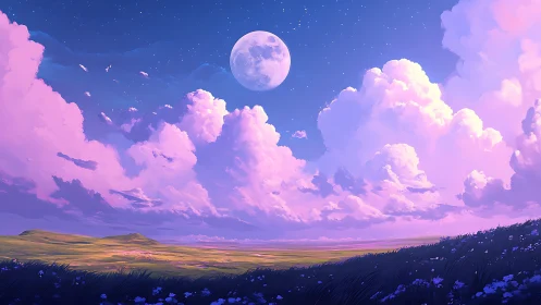 Moonlit lavender clouds rise over quiet twilight meadow