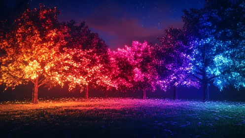 Row of glowing rainbow trees in a night meadow scene.
