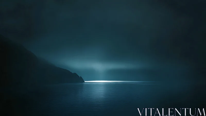 Soft moonlit glow rests gently over a calm misty bay