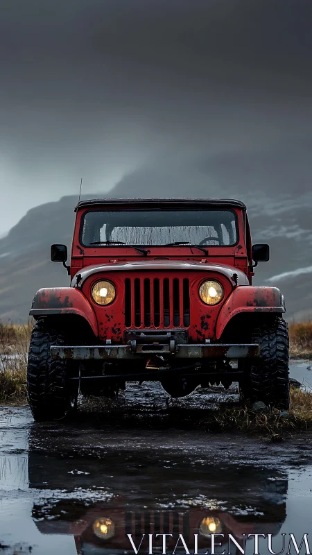 Weathered red off road jeep facing stormy mountain road.