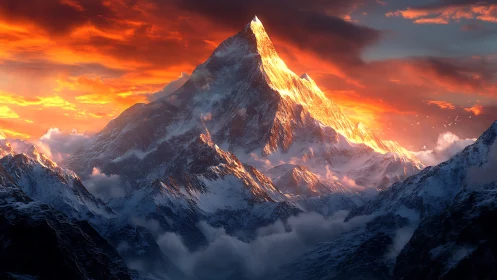 Sunlit snow peak rises above glowing stormlit valley