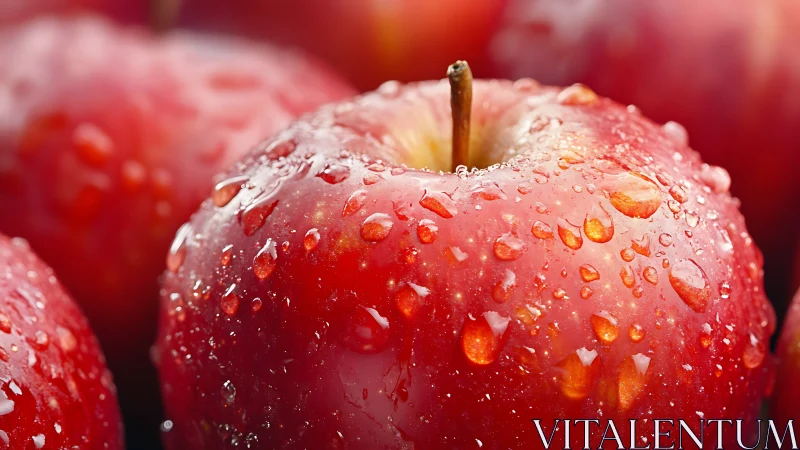 Macro optical study of dew-laden red apple epidermis surface.