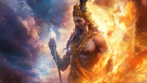 Celestial fire king drifting through a glowing cosmic storm.