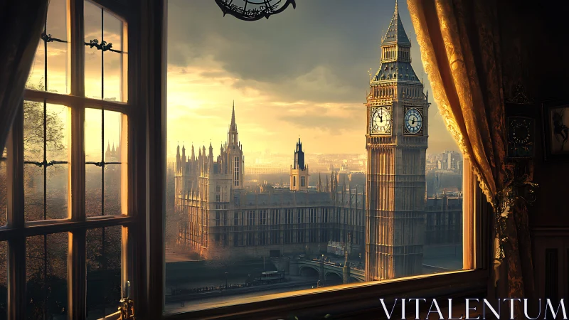 Golden-hour cityscape through ornate window framing.