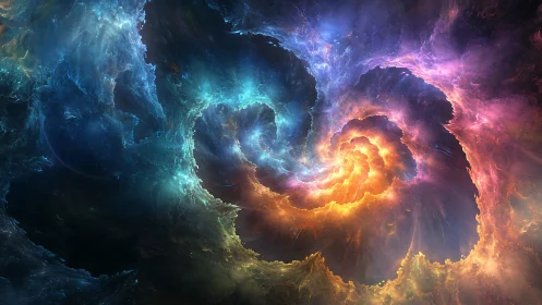 Swirling cosmic nebula glows with playful rainbow starlight.