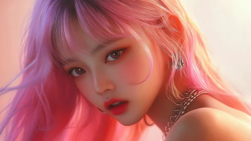 Neon-soft gaze of a pink-haired muse in molten sunlight.