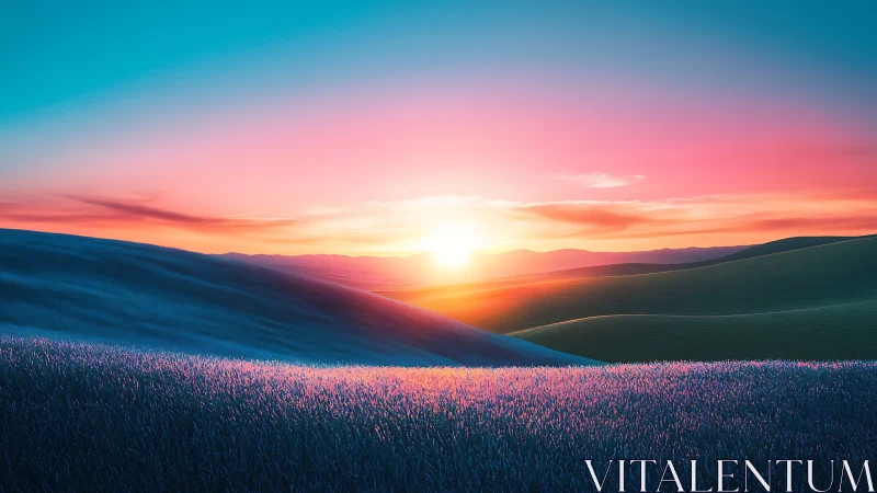 Sunlit horizon over rolling grass hills in vivid color.