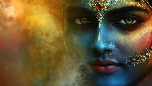 Mythic blue goddess face emerges from swirling golden mist.