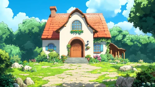 Sunlit cottage facade with stylized roofing and lush garden path
