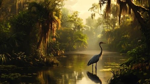 Heron standing in golden mist over lush jungle river.