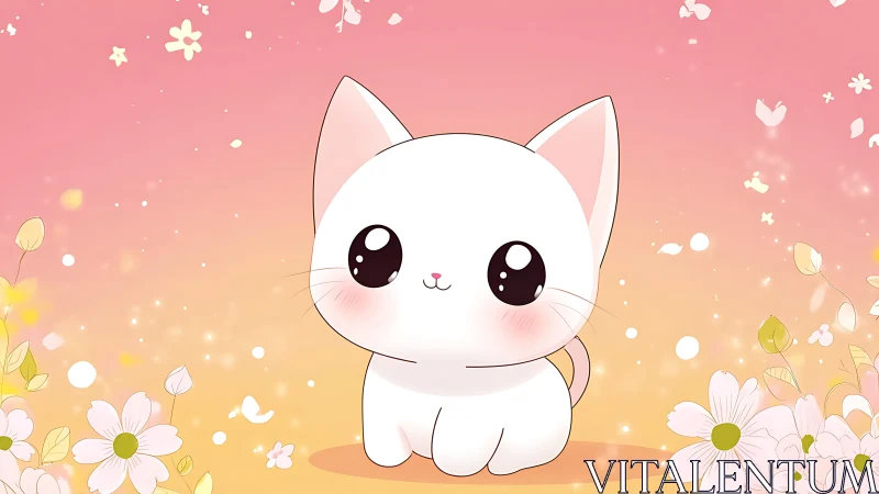 Stylized white cartoon cat sits in floral gradient field