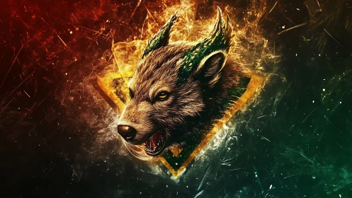 Hybrid wolf head emblem with energy effects on dark field.