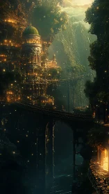 Vertical forest city with domed tower and elevated bridges.