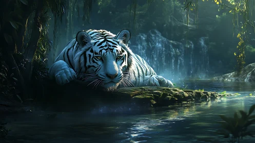 Calm white tiger resting by a glowing jungle waterfall.