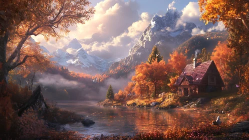 Autumn lakeside cabin below snow covered mountain peaks.