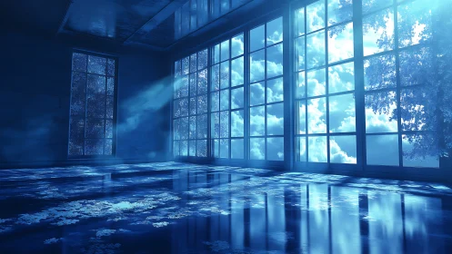 Aerial cloudscape reflected on flooded glass interior plane.