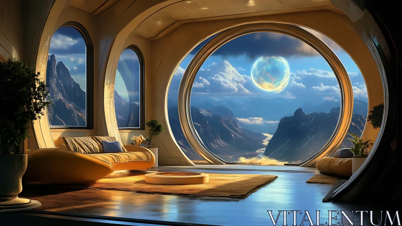 Orbital lounge viewport framing luminous exoplanet horizon.