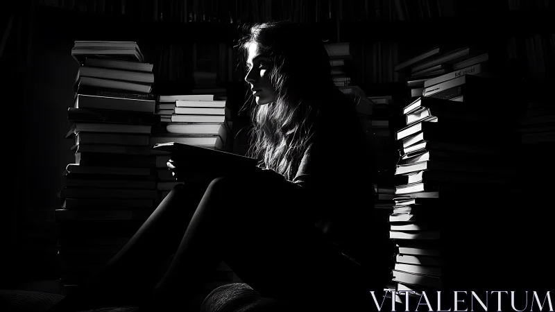 Low key monochrome portrait of woman reading among book stacks