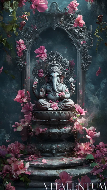 Central Ganesh statue is framed by ornate arch and flowers