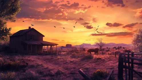 Sunlit ranch homestead under cinematic western sunset sky.