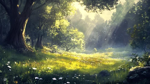 Sunlit forest clearing renders atmospheric depth and glow