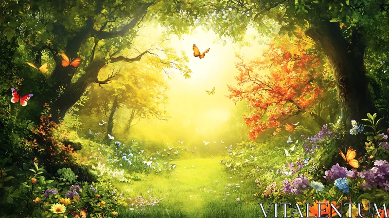 Luminous forest clearing with butterflies and vivid spring flora