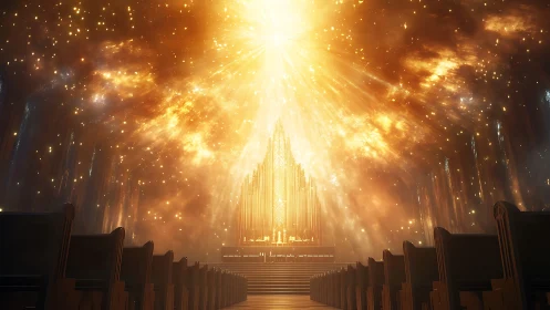 Celestial cathedral interior glows under radiant cosmic vault